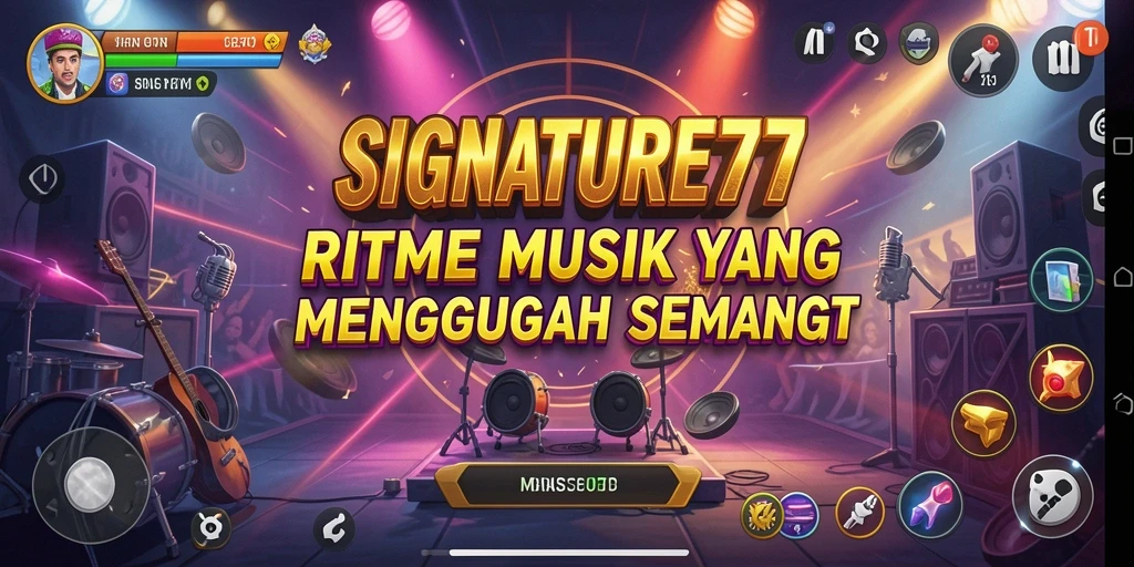 Tampilan gameplay SIGNATURE77 dengan antarmuka musik yang menarik.